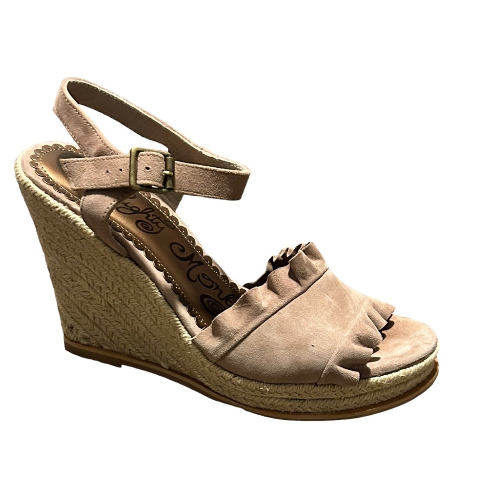 NAUGHTY MONKEY Dusty Pink Soft Suede Ruffle Open Toe Wedge Heel-Size 10